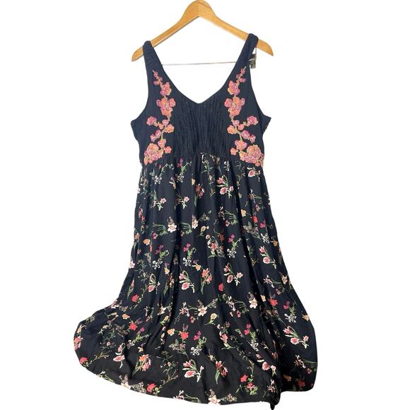 Anthropologie MIDI Dress Size Small Sleeveless Lola  Embroidered Floral Black - Picture 2 of 11